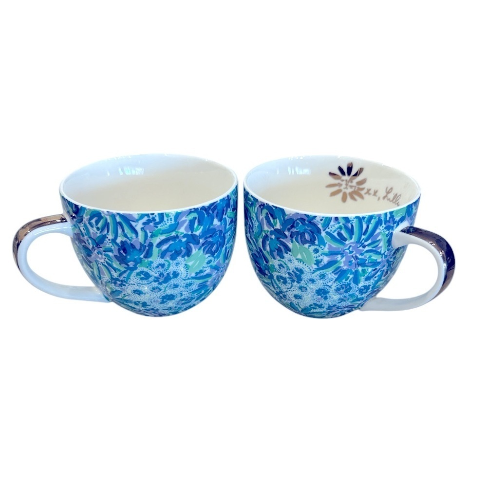 Lilly Pulitzer Floral Lion Face Mug Set of 2 Gold Handle Blue Green Designer